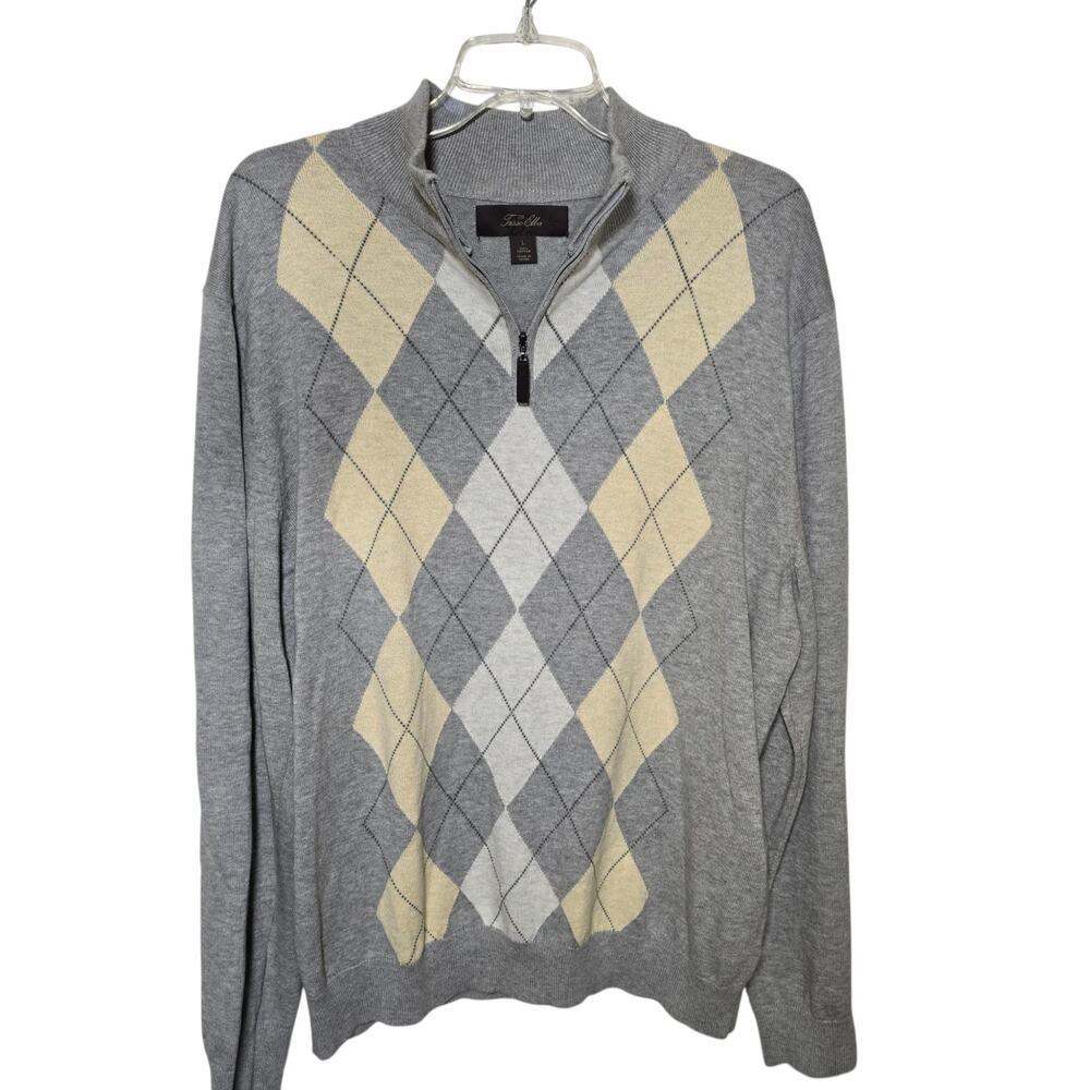 Tasso Elba Men's Argyle Sweater 1/4 Zip Gray Yellow Cotton Mens Size Large - Picture 2 of 7